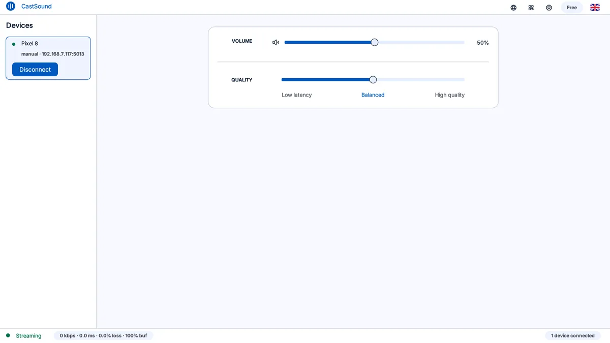 CastSound desktop app streaming computer audio and microphone with active device status