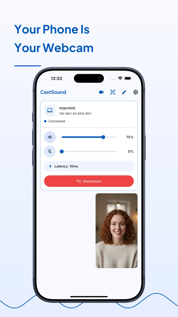 CastSound phone app using the phone as a webcam for the connected computer